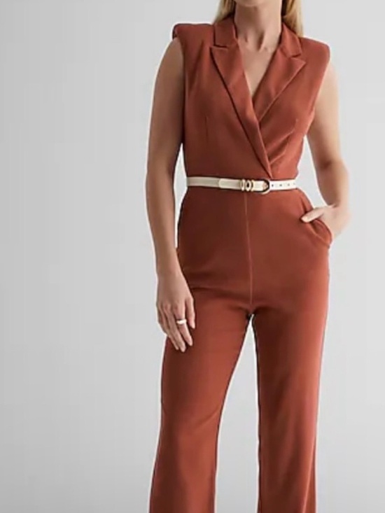 Express Pants - Express Sleeveless Tailored Jumpsuit in Rust with Cream Belt